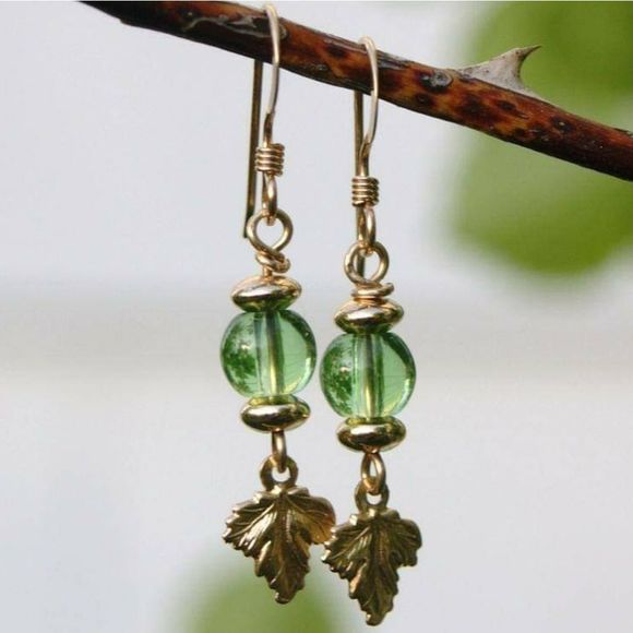 Angel Heart Treasures Jewelry - Handmade Green Glass Bead & 14kt Gold Filled Leaf Short Dangle Earrings
